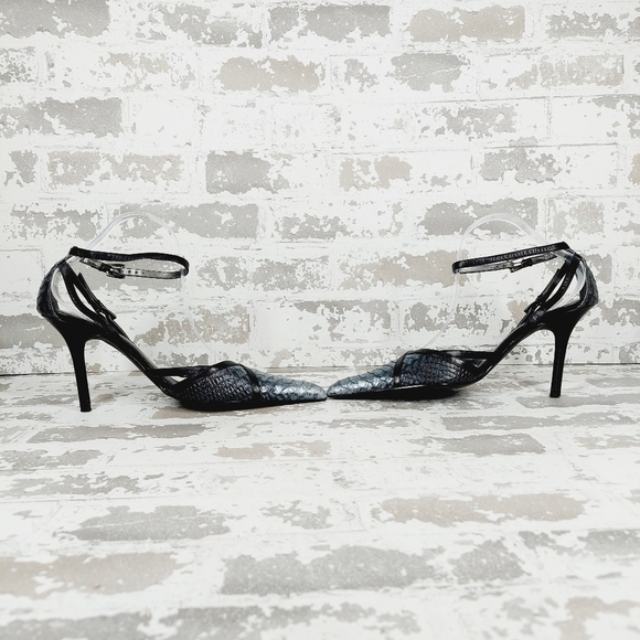 Jazz Metallic Black Blue Pointy Toe Ankle Strap Buckle Crocodile Skin Heels O623 - Picture 7 of 13